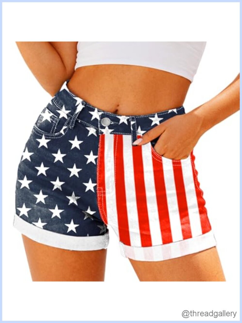 Women Stretchy Denim Jean Shorts Patriotic Roll Up Hem Mid Rise